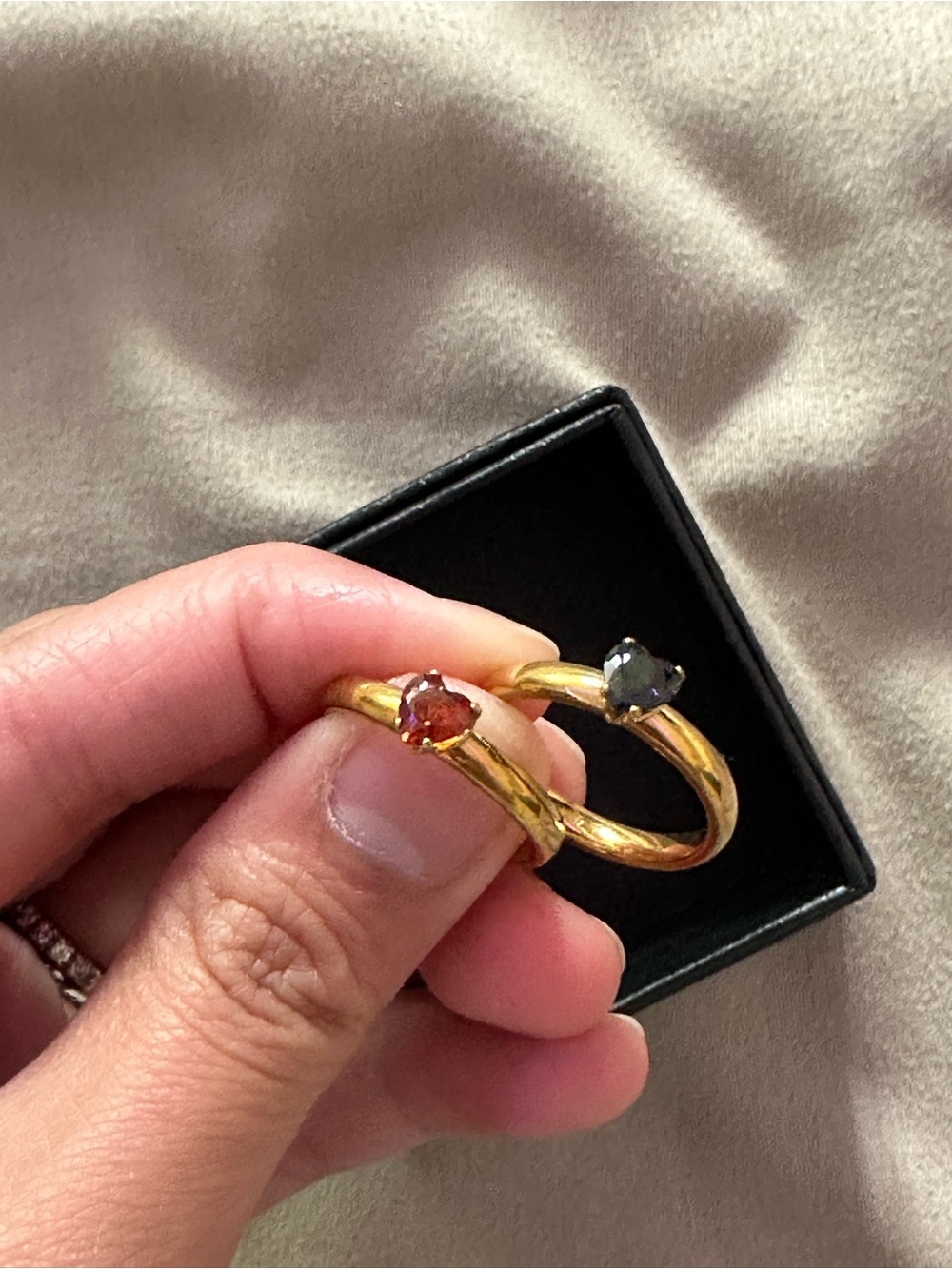 Stainless Steel Gold Plated Band Rings with Red and Navy Blue Gemstones (Set)